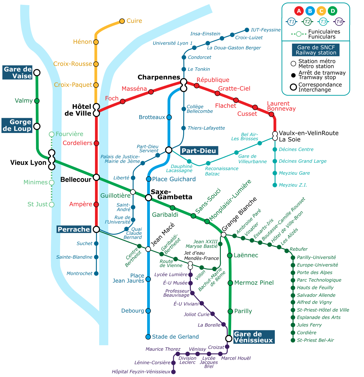 Un plan du réseau métro et tramway de Lyon.