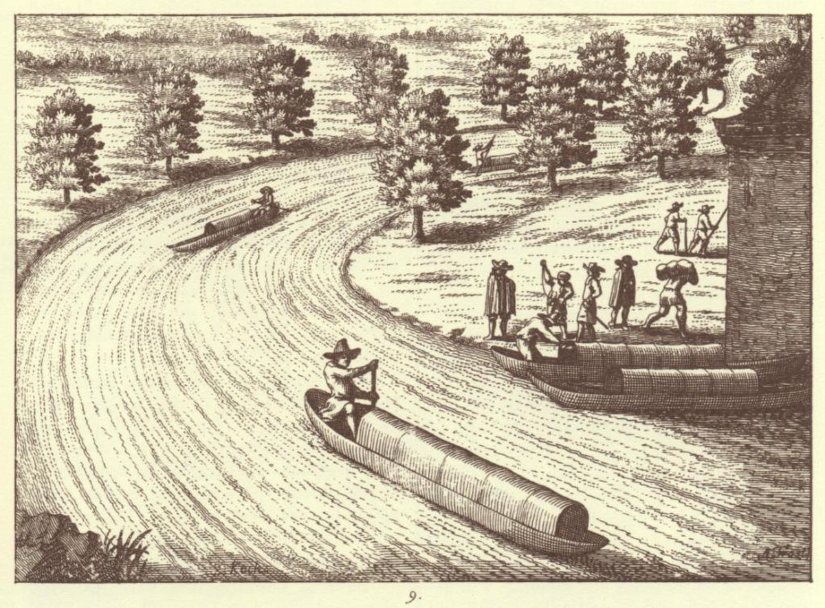 Embarcation de type pirogue utilisées en Europe, ici vers 1689, sur la rivière Ljubljanica en Slovénie),.