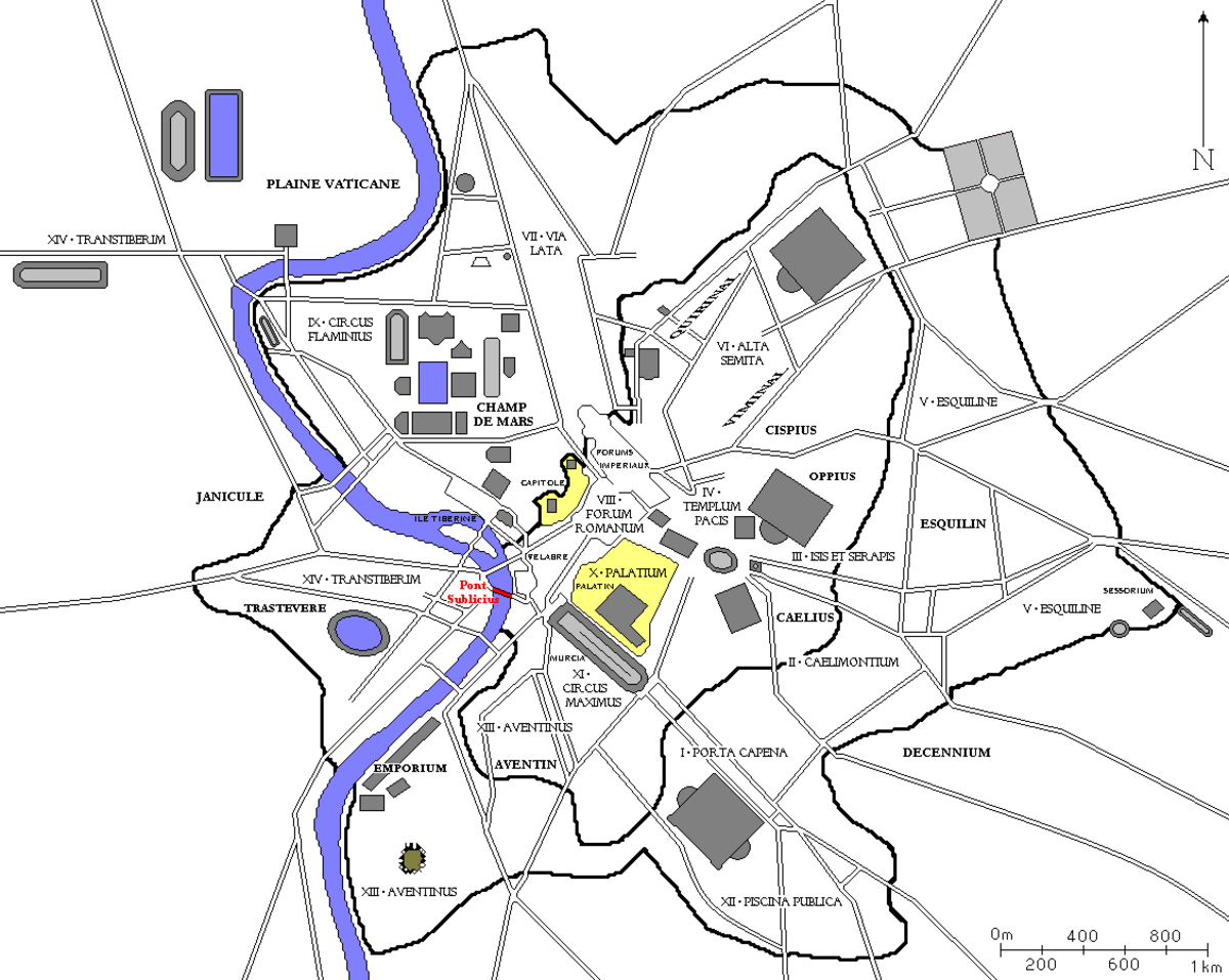 Localisation du Pont Sublicius dans la Rome antique (en rouge)