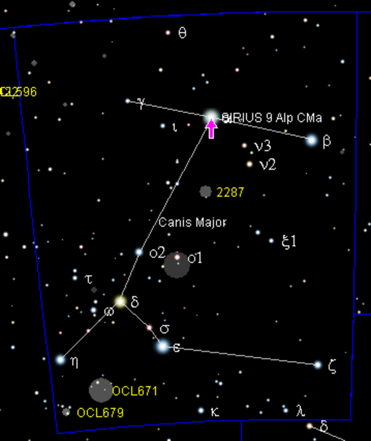 Position de Sirius dans la constellation du Grand Chien