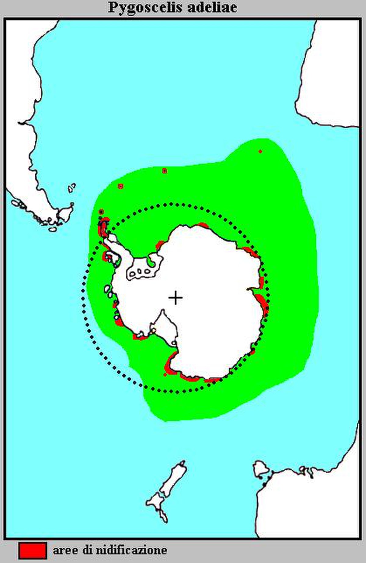 Ciconiiformes Océan Austral, Antarctique (en rouge, zones de nidification)