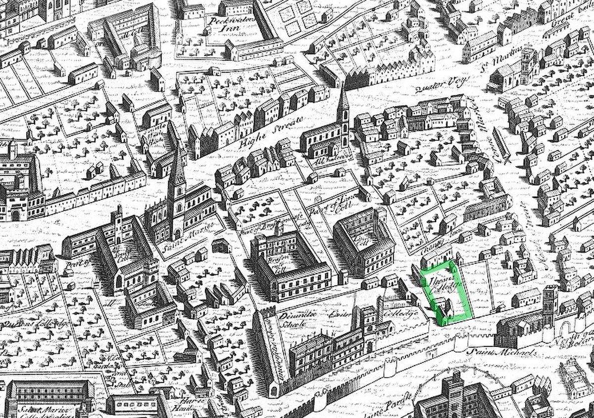 Une vue d'ensemble de la ville, montrant une partie des murailles, les églises, les collèges, d'autres bâtiments et jardins
