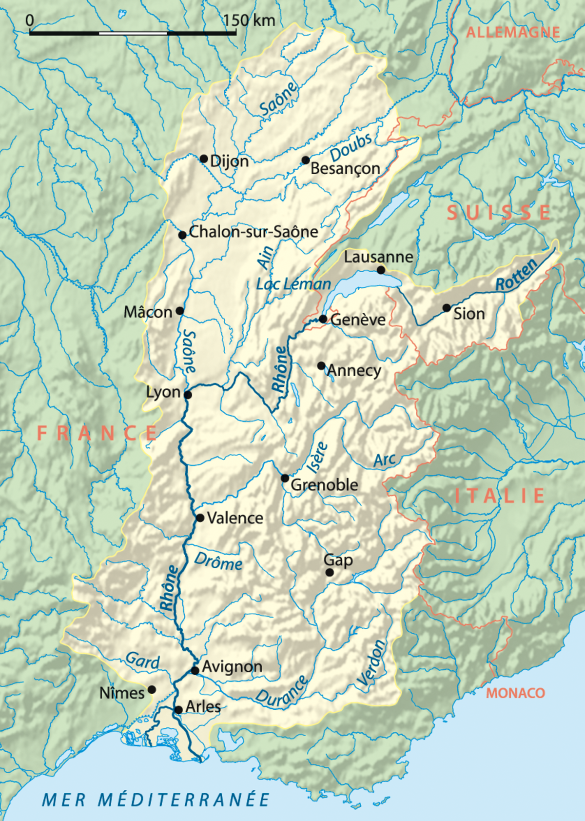 Carte du bassin du Rhône.