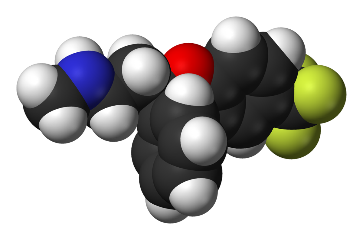 Structure de l'énantiomère R de la fluoxétine (en haut) et de la S-fluoxétine (au milieu)