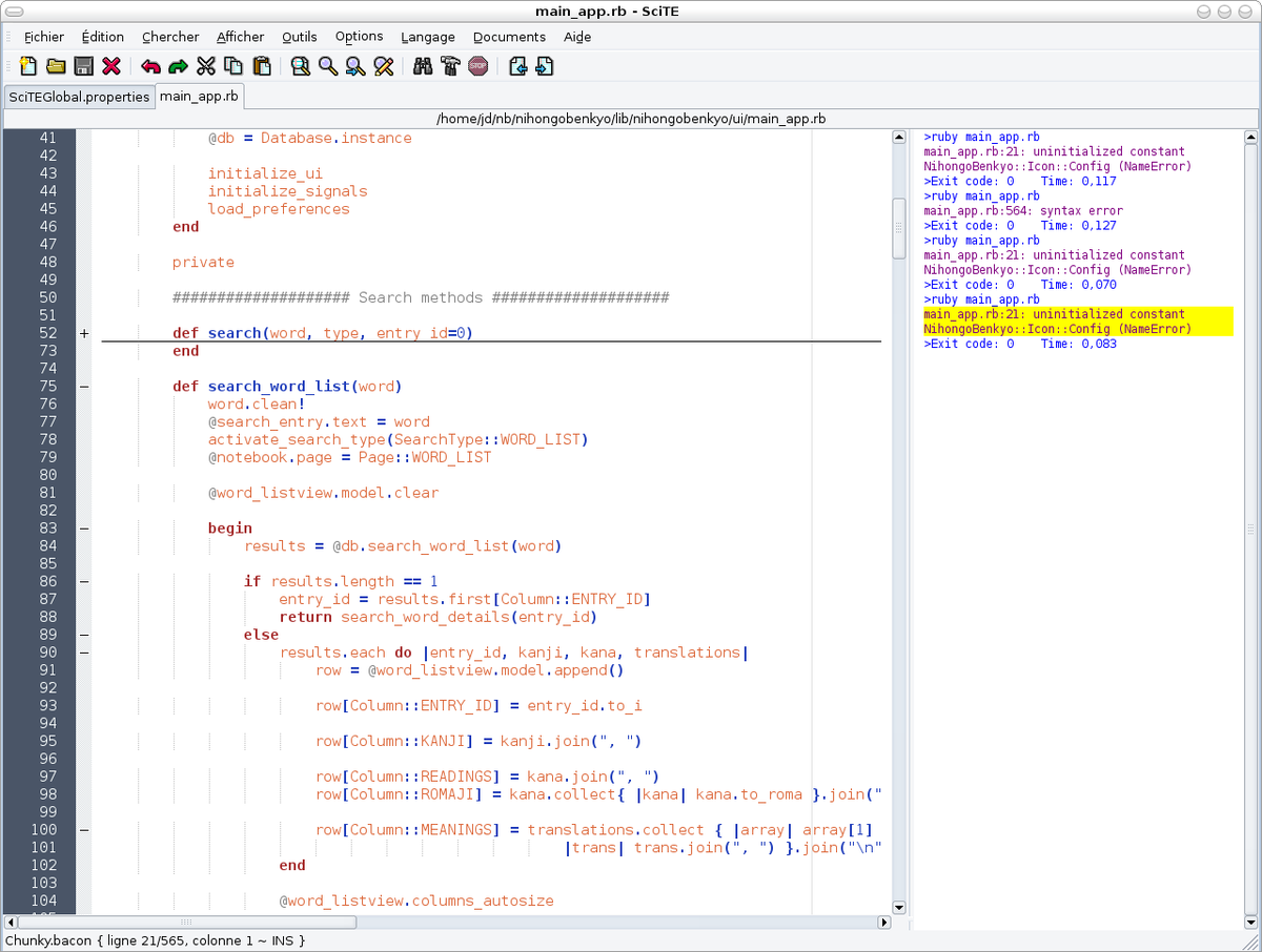 Coloration syntaxique sur un programme en Ruby sous SciTE.