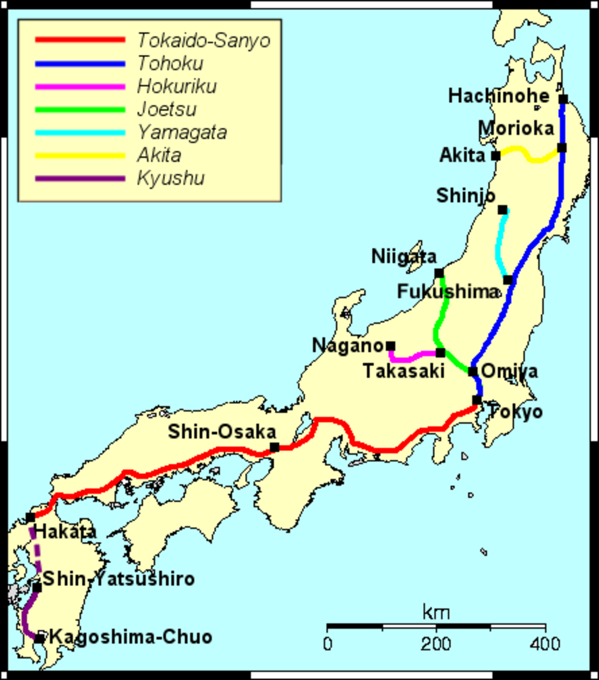 Carte des lignes à grande vitesse au Japon