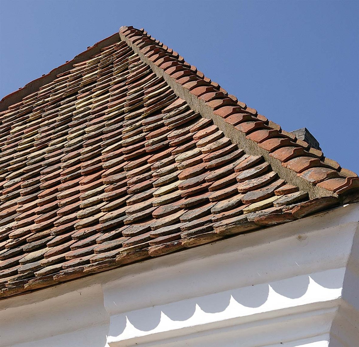 Toit suédois, avec utilisation d'une tuile posée à l'envers sur les angles, à Skanör en Suède (construction de 1777)