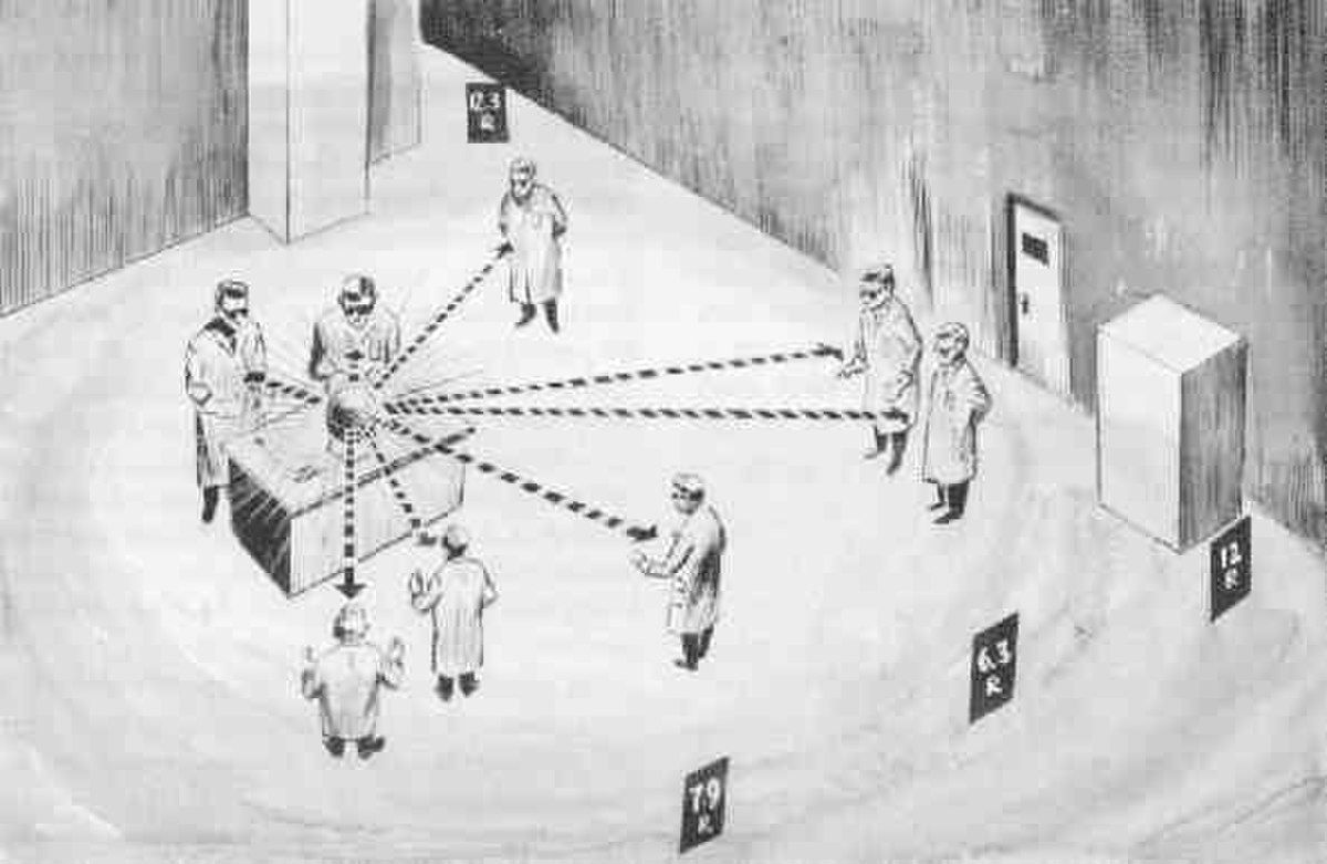 Dessin de Louis Slotin et des personnes présentes dans la pièce au moment de l'accident du 21 mai 1946.