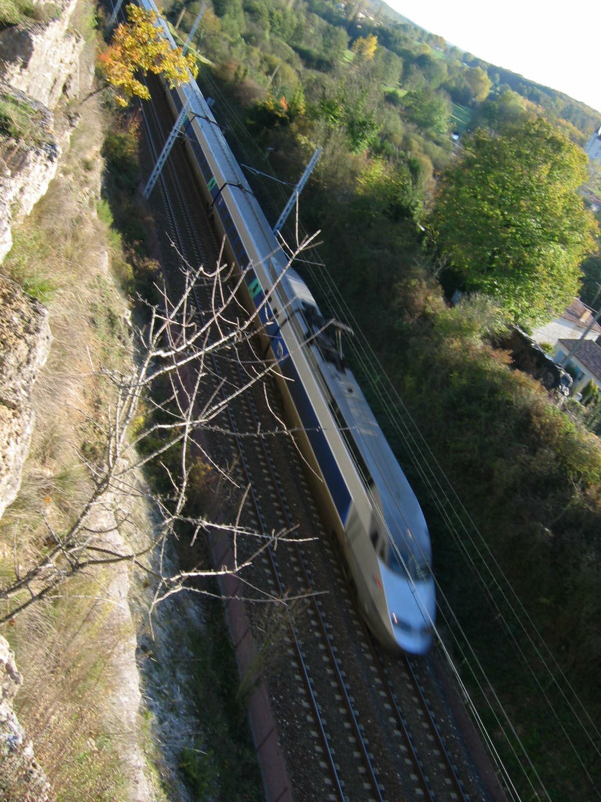 TGV Atlantique en direction de Paris sur ligne classique aménagée (Mouthiers-sur-Boëme, Charente, France)