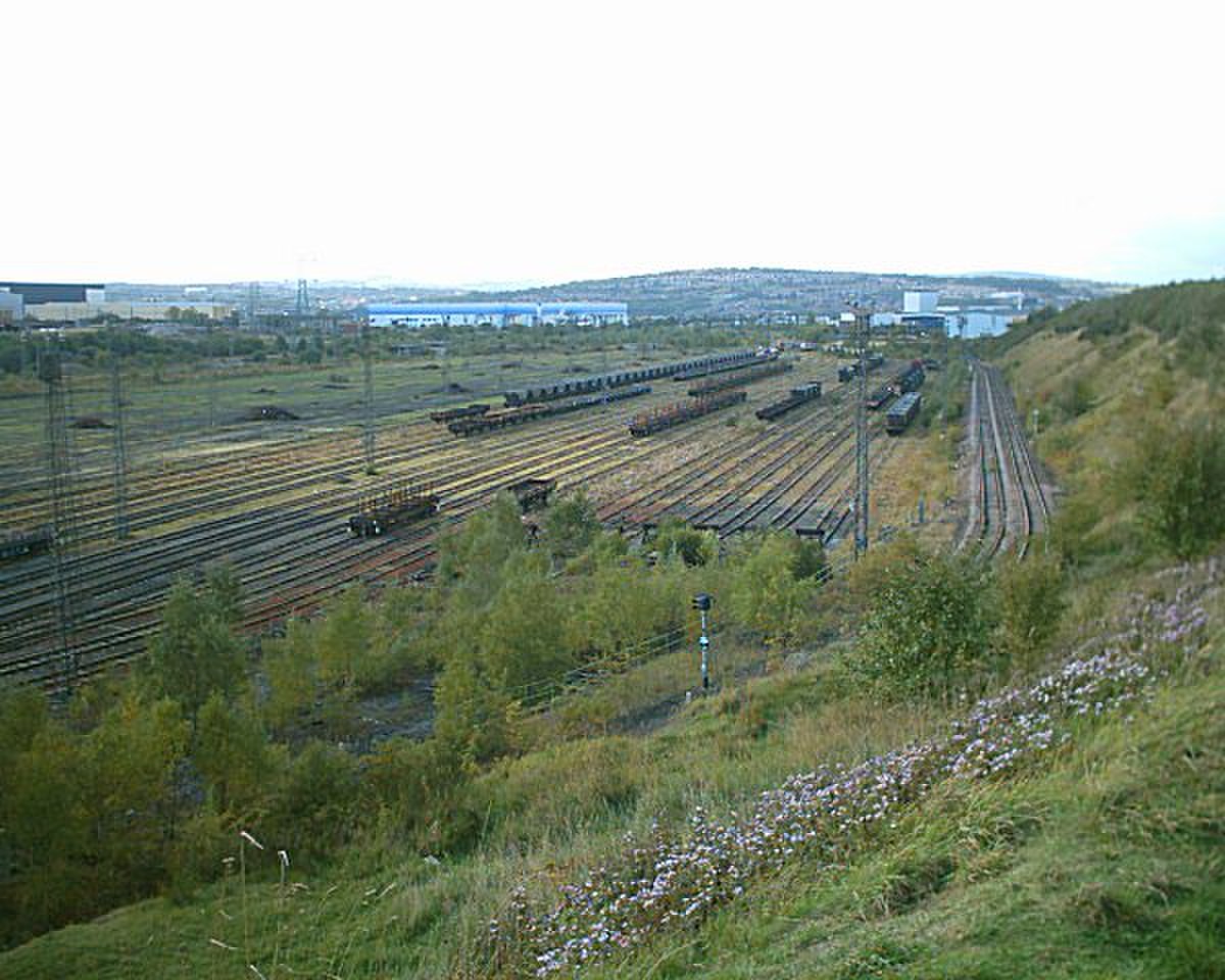 Le faisceau de départ lent de la gare de triage de Tinsley à Sheffield.