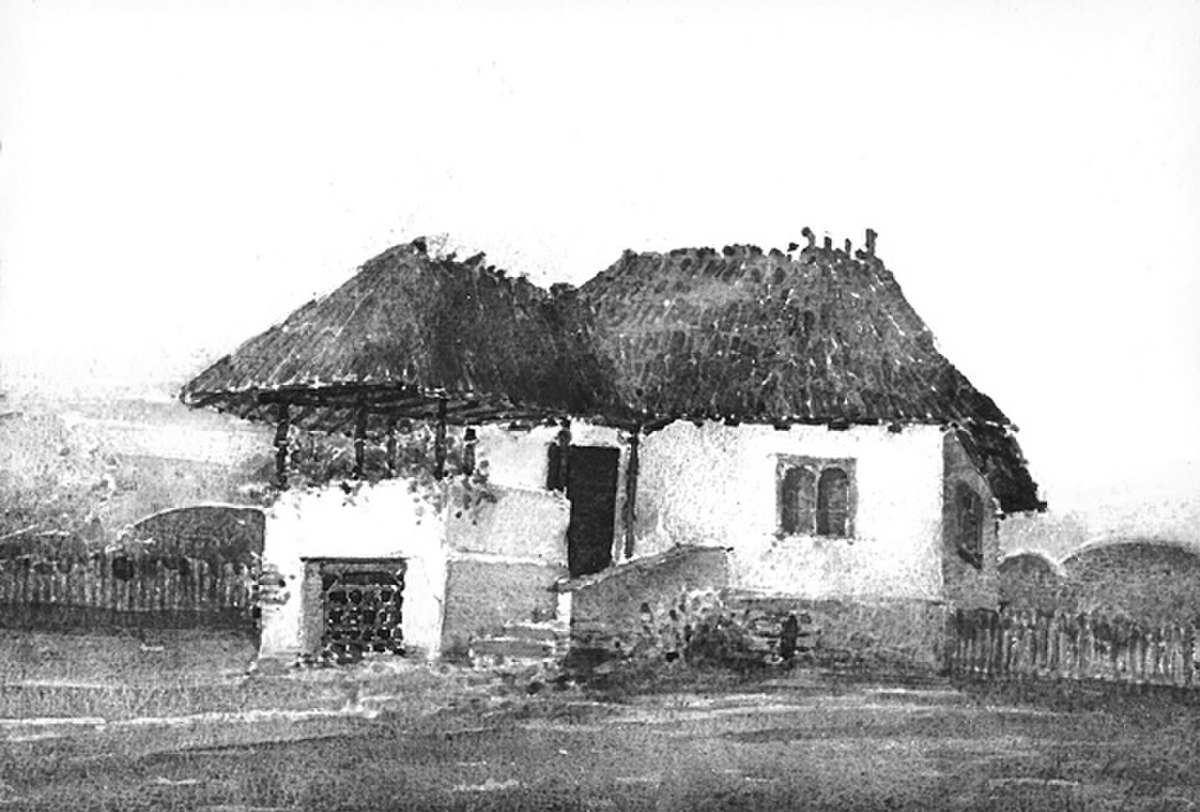 Aquarelle de Toma T. Socolescu - Ancienne maison de Ploieşti (Judeţul Prahova, Roumanie) tel qu'il en existait jusqu'au début du XXe siècle.