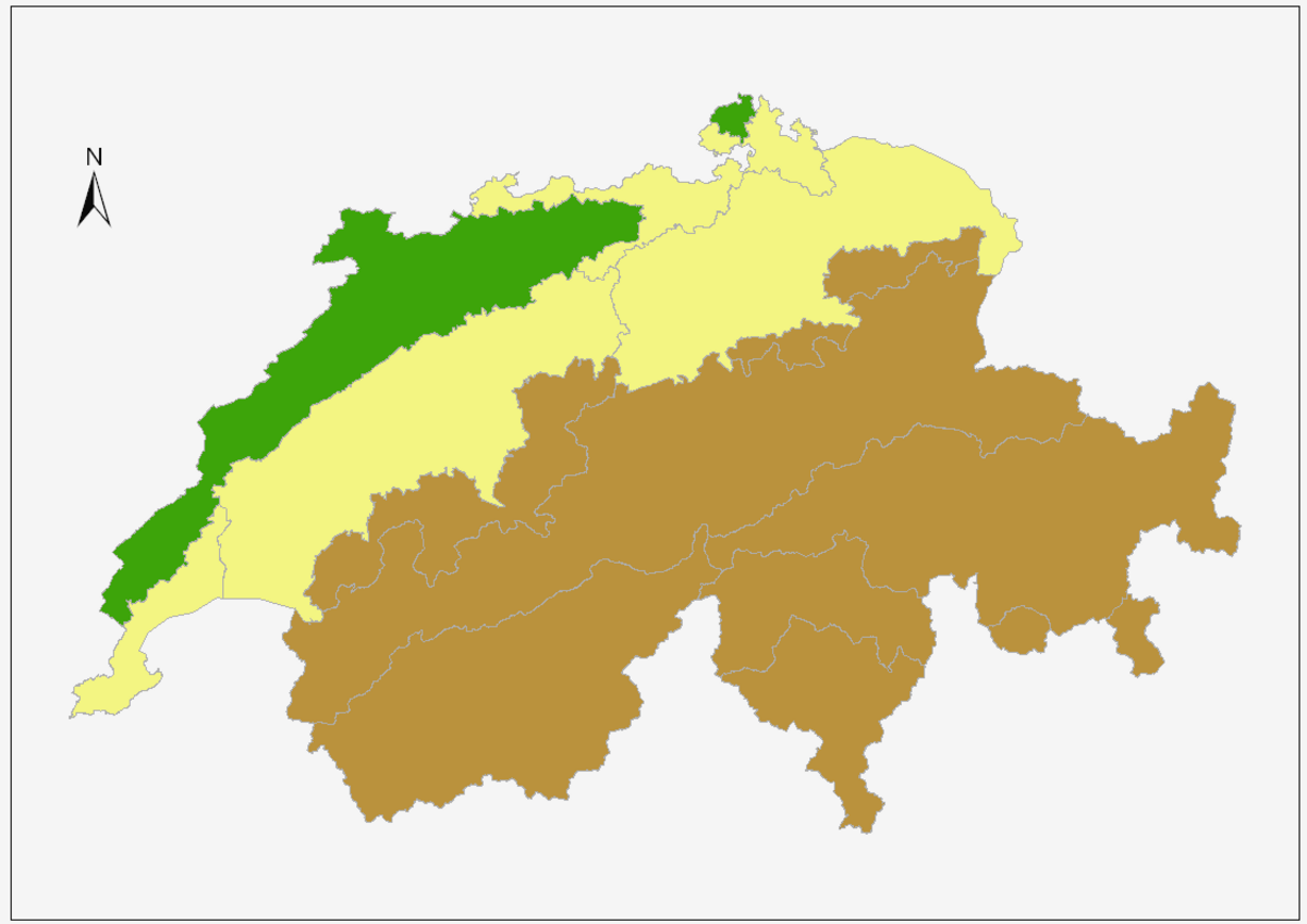 carte de la suisse montrant la division du territoire en trois régions géologiques, ces régions se répartissent en trois bandes paralléles et orientées du sud-ouest au nord-est
