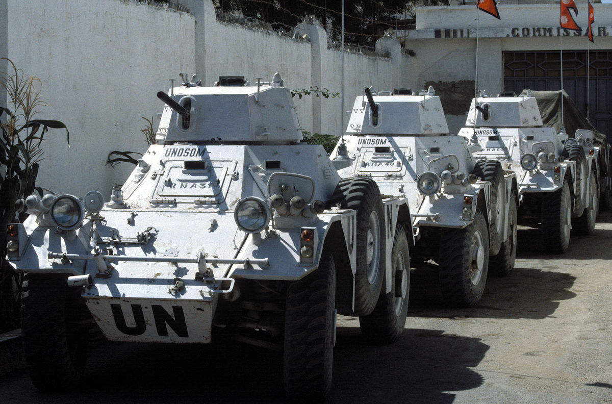Des Ferrets de l'armée népalaise participant à l'UNOSOM à Mogadiscio, en Somalie (1993)