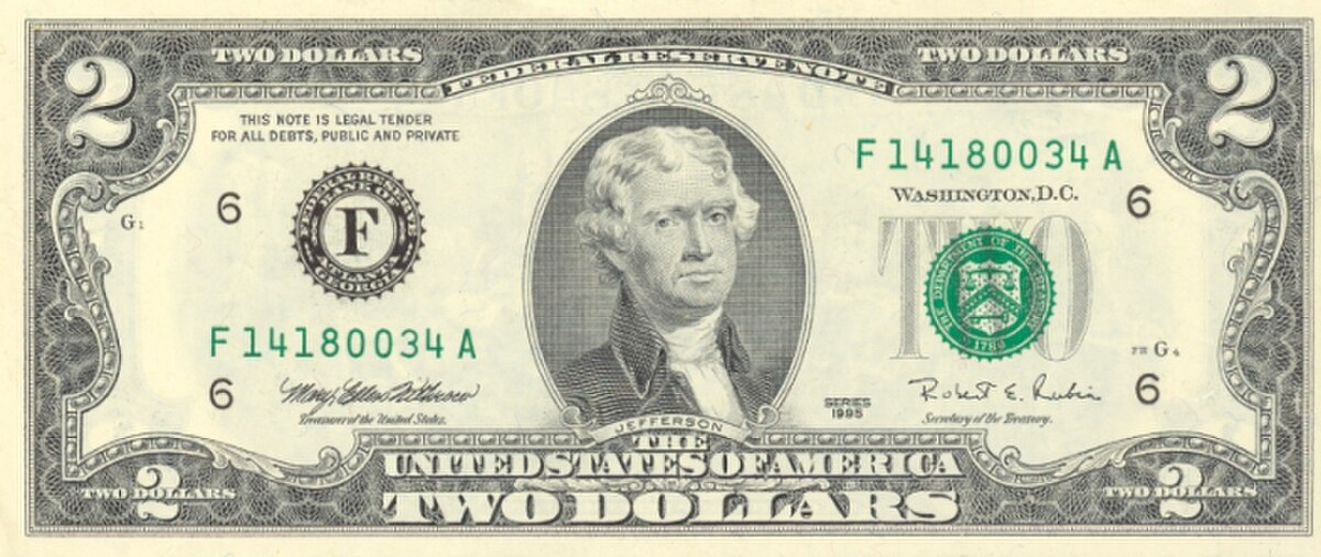 Le portrait de Jefferson apparaît sur les billets de 2 dollars (1953)