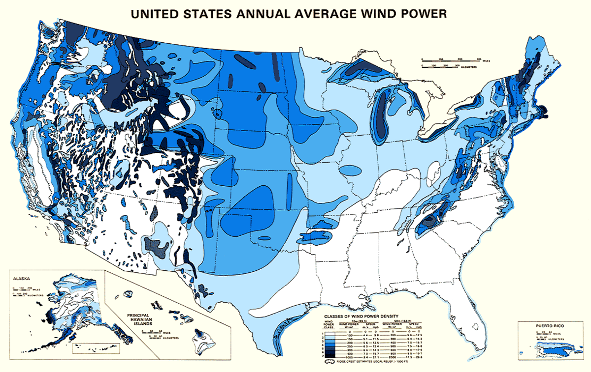 Le potentiel éolien aux États-Unis (en bleu foncé, les régions les plus venteuses )