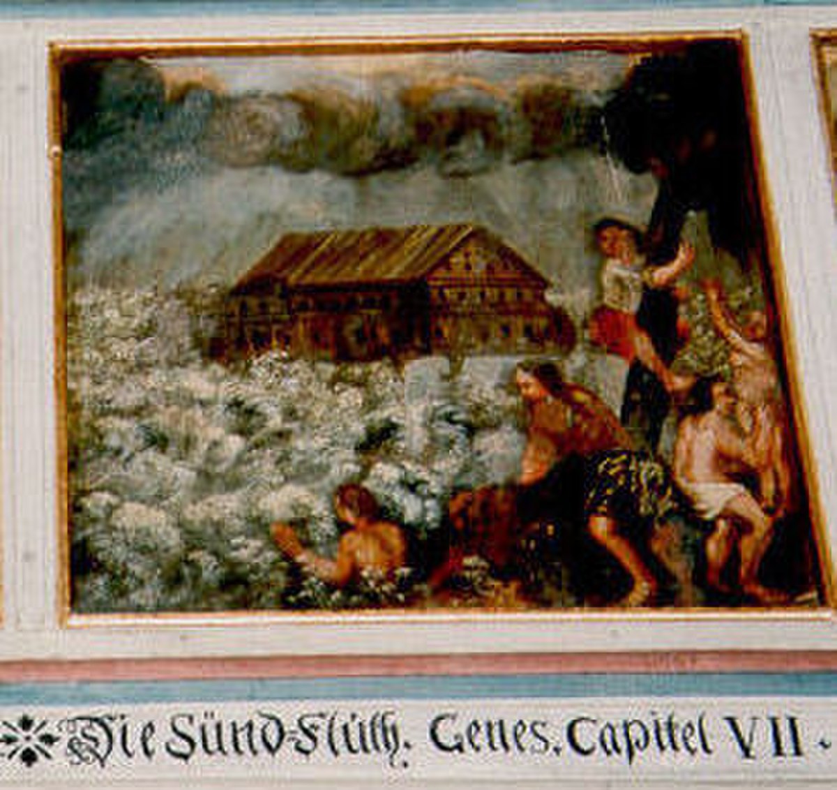 Peinture d'une église luthérienne près de Bamberg, en Haute-Franconie : à l'arrivée des eaux, seuls les êtres vivants réfugiés sur l'arche de Noé purent survivre, et tous les autres trouvèrent la mort. (Genèse 7:21)