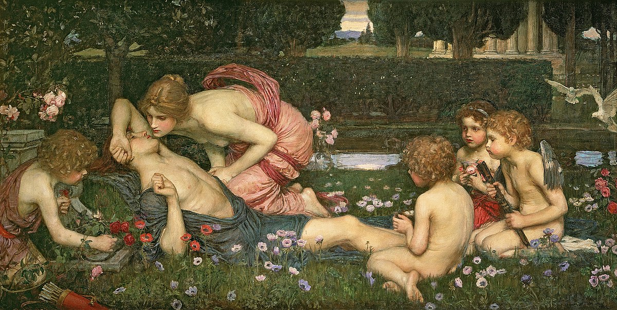 Sous baiser d'une jeune femme, un jeune homme allongé s'éveille, entouré d'anémones rouges et blanches que recueille un enfant