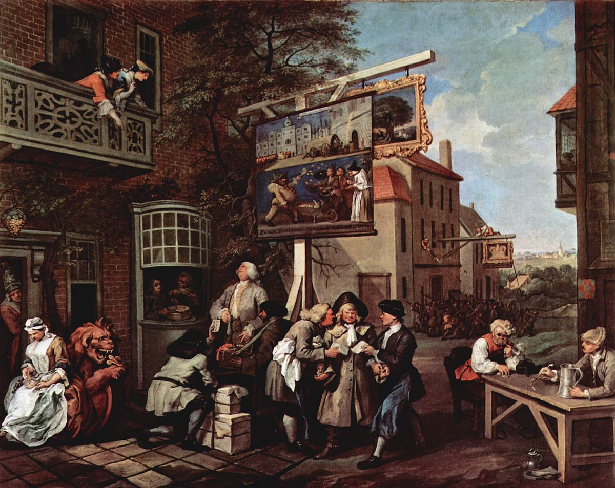 Satire électorale : la propagande politique - peinture de style rococo, de William Hogarth. Angleterre, années 1750