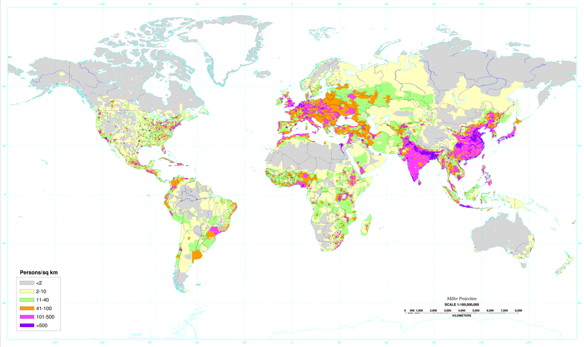 Densité de population humaine dans le monde en 1994