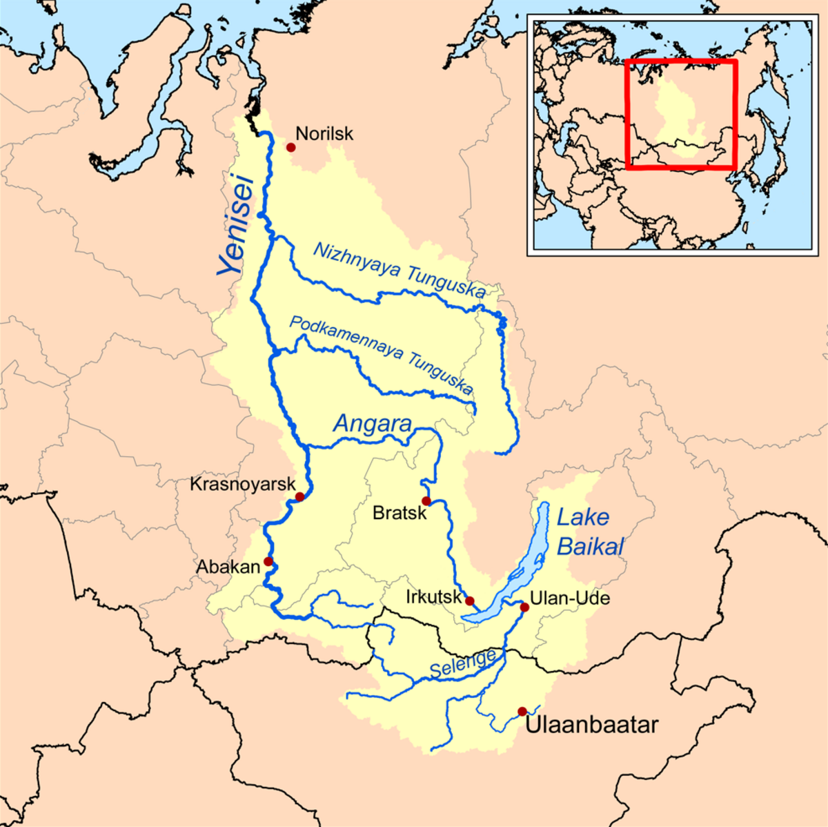 Carte du bassin de l'Ienisseï.
