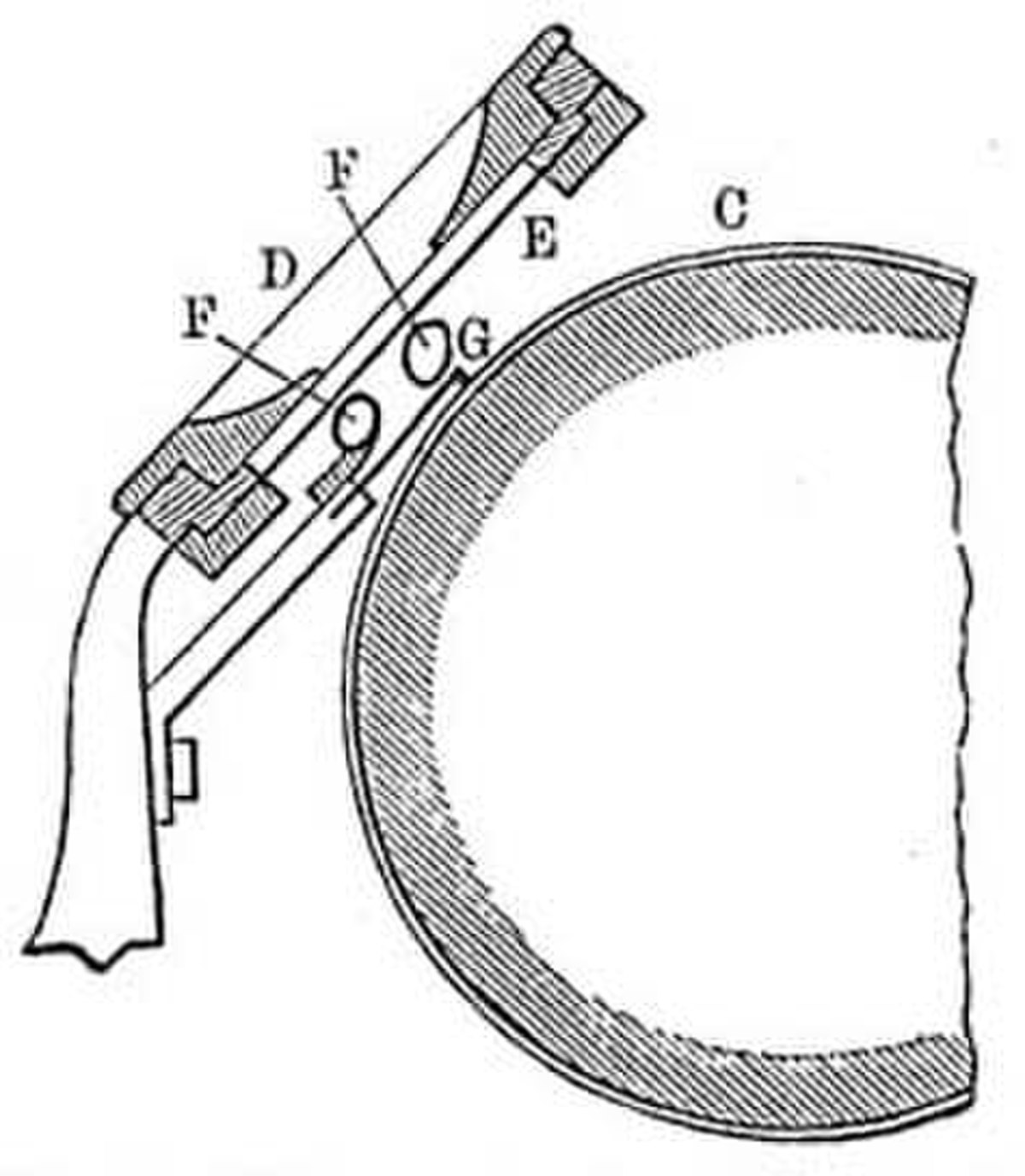 Coupe d'un phonographeD : embouchure du pavillonE : membrane mobileF : amortisseursG : stylet graveur et lecteurC : Cylindre