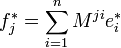 f_j^=\sum_{i=1}^n M^{ji}e_i^