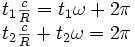\begin{matrix}t_1\frac{c}{R}=t_1\omega+2\pi\t_2\frac{c}{R}+t_2\omega=2\pi\end{matrix}