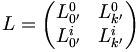 L=\left(\begin{matrix} L_{0'}^{0}&L_{k'}^{0}\L_{0'}^{i}&L_{k'}^{i} \end{matrix}\right)