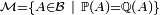 \scriptstyle\ \mathcal{M}=\{A\in\mathcal{B}\ |\ \mathbb{P}(A)=\mathbb{Q}(A)\}\