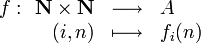 f : \begin{array}[t]{rcl} \mathbf{N}\times\mathbf{N} & \longrightarrow & A \ (i,n) & \longmapsto & f_{i}(n) \end{array}