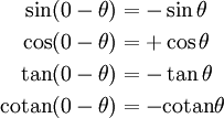 \begin{align} \sin(0 -\theta) &= -\sin \theta \ \cos(0 -\theta) &= +\cos \theta \ \tan(0 -\theta) &= -\tan \theta \ \mathrm{cotan} (0 -\theta) &= -\mathrm{cotan} \theta \end{align}