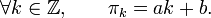 \forall k\in \mathbb{Z},\qquad \pi_k=ak+b.\