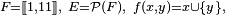 \scriptstyle\ F=[\![1,11]\!],\ E=\mathcal{P}(F),\ f(x,y)=x\cup\{y\},\