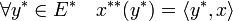 \forall y^* \in E^\quad x^{**}(y^)=\langle y^*,x\rangle