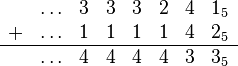 \begin{array}{cccccccc} &\ldots & 3&3 & 3 & 2 & 4 &{1_5} \ + &\ldots &1&1&1&1&4&{2_5} \ \hline &\ldots &4&4&4&4&3& {3_5} \end{array}