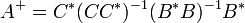 A^+ = C^(CC^)^{-1}(B^B)^{-1}B^\,