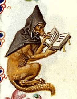 Une enluminure représentant un renard encapuchonné qui lit un manuscrit.