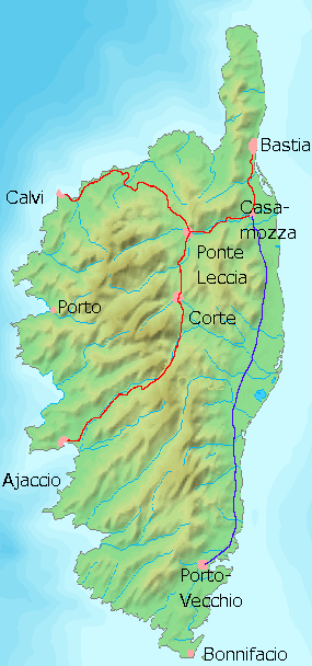 Carte du réseau corse (en bleu : ancienne ligne de la côte Est)