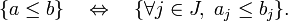 \{a\le b\}\quad\Leftrightarrow\quad\{\forall j\in J,\ a_j\le b_j\}.\