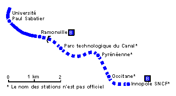 Plan du prolongement de la ligne B vers Labège-Innopole