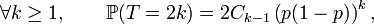 \forall k\ge 1,\qquad \mathbb{P}(T=2k)=2C_{k-1}\left(p(1-p)\right)^k,\