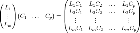 \begin{pmatrix}L_1\vdots\ L_m\end{pmatrix}\begin{pmatrix}C_1&\dots&C_p\end{pmatrix}=\begin{pmatrix} L_1C_1 & L_1C_2 & \dots & L_1C_p\L_2C_1 & L_2C_2 & \dots & L_2C_p\ \vdots & \vdots & & \vdots\ L_mC_1 & L_mC_2 & \dots & L_mC_p\end{pmatrix}