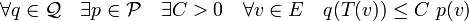 \forall q \in\mathcal Q\quad\exists p\in\mathcal P\quad\exists C >0\quad\forall v \in E\quad q(T(v))\le C\ p(v)\