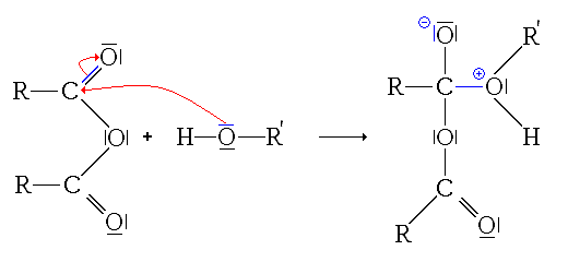 1ère étape de l'estérification d'un anhydride d'acide : addition nucléophile de l'alcool sur l'anhydride