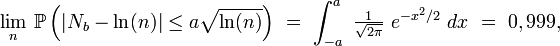 \lim_n\,\mathbb{P}\left(\left|N_b-\ln(n)\right|\le a\sqrt{\ln(n)}\right)\ =\ \int_{-a}^a\ \tfrac1\sqrt{2\pi}\ e^{-x^2/2}\ dx\ =\ 0,999,