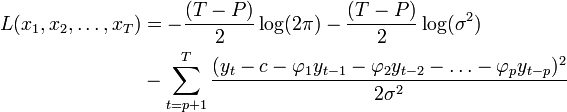 \begin{align}L(x_1, x_2,\ldots, x_T)&=-\frac{(T-P)}{2}\log(2 \pi) -\frac{(T-P)}{2}\log(\sigma^2)\ &-\sum_{t=p+1}^{T}\frac{(y_t-c-\varphi_1y_{t-1}-\varphi_2y_{t-2}-\ldots-\varphi_py_{t-p})^2}{2\sigma^2} \end{align}