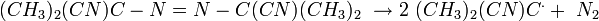 (CH_3)_2(CN)C-N=N-C(CN)(CH_3)_2\ \rightarrow 2\ (CH_3)_2(CN)C^. +\ N_2\