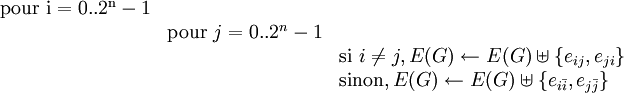 \begin{array}{crl} \rm \text{pour } i = 0..2^n-1 & \rm & \rm \ & \text{pour } j = 0..2^n-1 & \ & & \text{si } i \neq j, E(G) \leftarrow E(G) \uplus \{e_{ij},e_{ji}\} \ & & \text{sinon}, E(G) \leftarrow E(G) \uplus \{e_{i \bar{i} }, e_{j \bar{j} }\} \end{array}