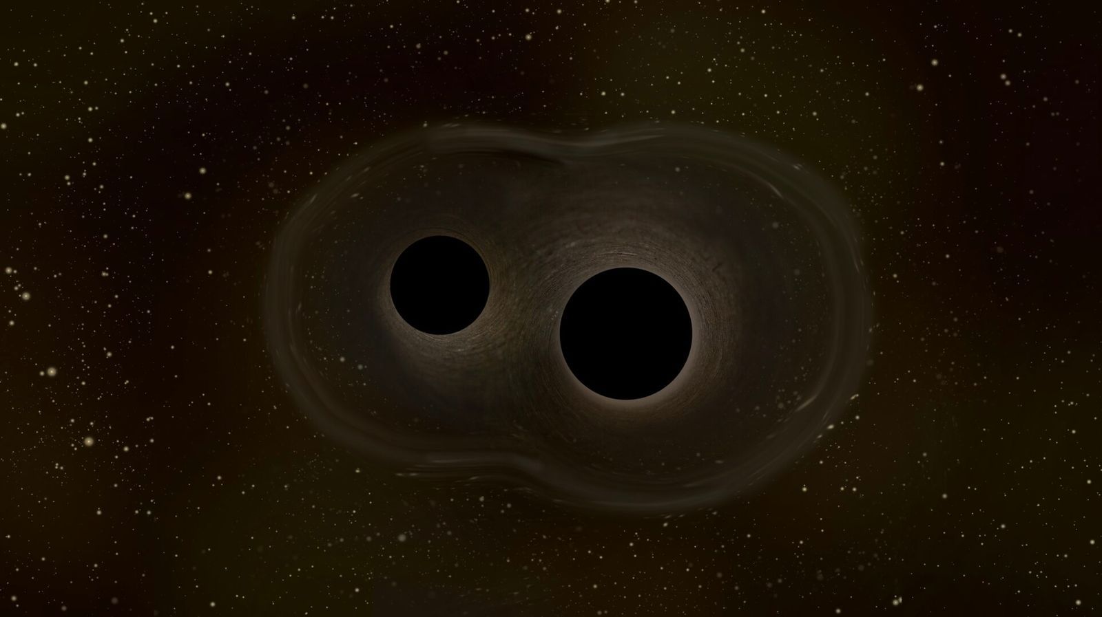 Vue d’artiste de deux trous noirs en cours de fusion, une source d’ondes gravitationnelles que LISA pourra étudier.