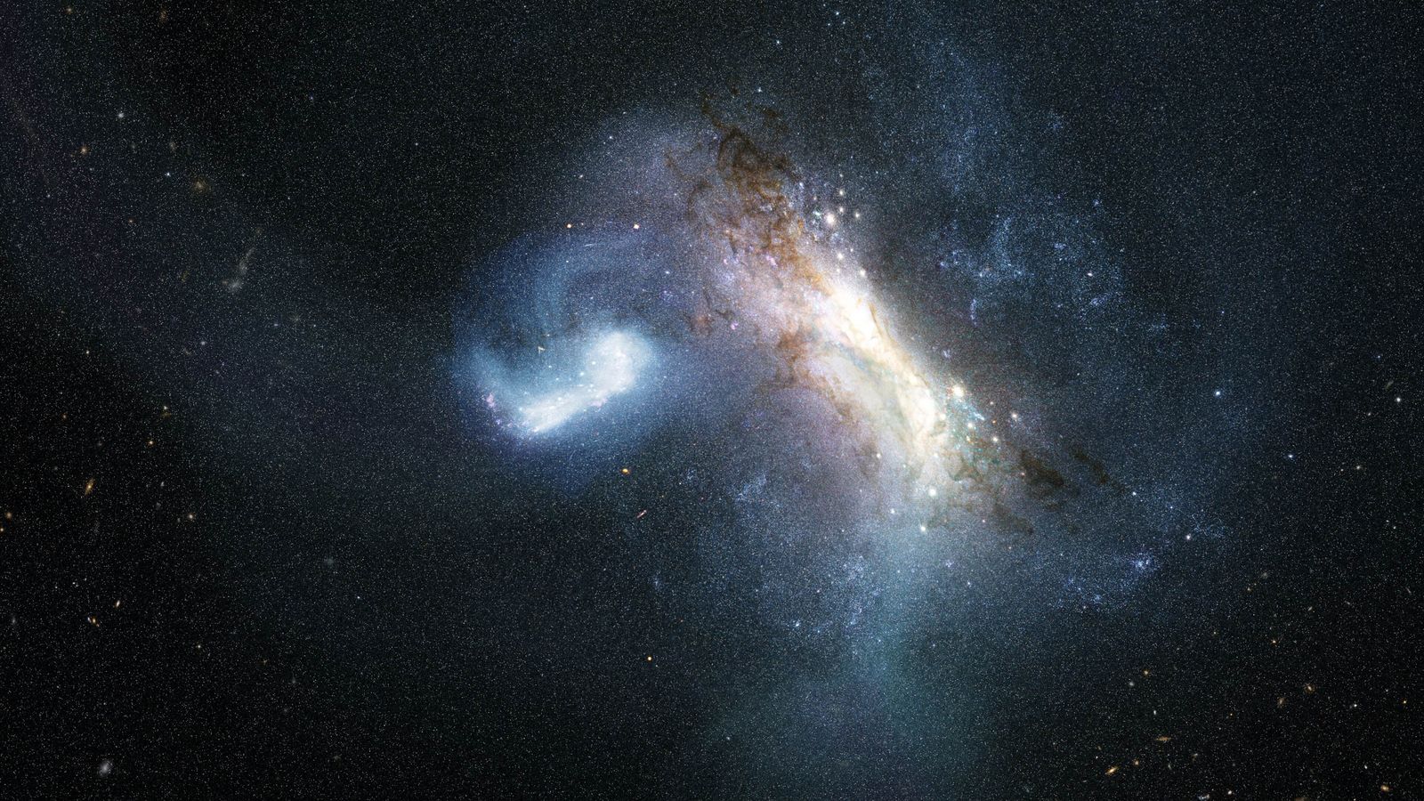 Vue d’artiste de la collision entre la jeune Voie lactée et la galaxie naine Low-energy-Kraken-Heracles, il y a environ 12 milliards d’années.